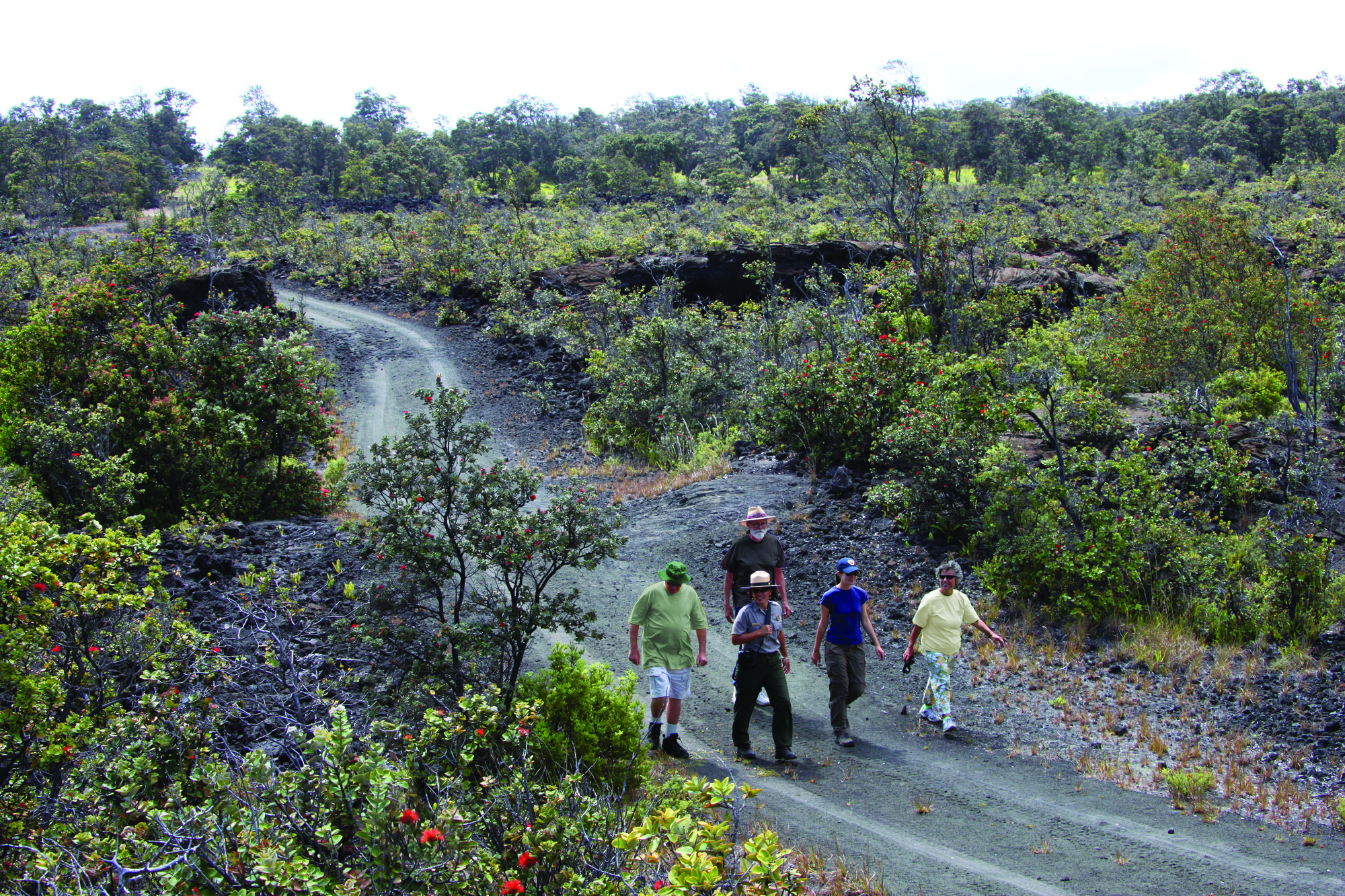A park ranger leads visitors along a trail through a lava field