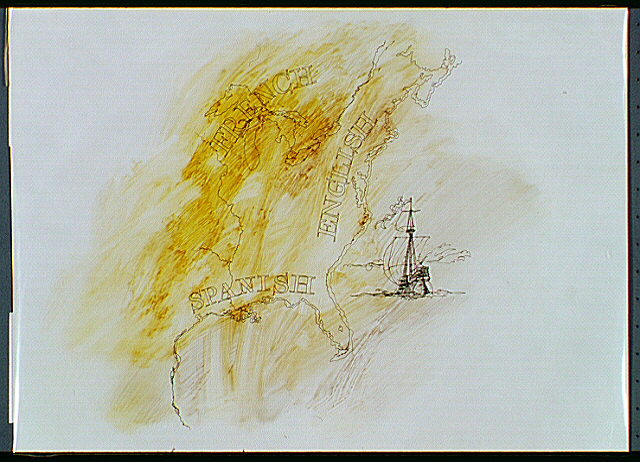 Map of the Eastern United States showing the Spanish, French, and English territories with a tall sailing ship off the coast.