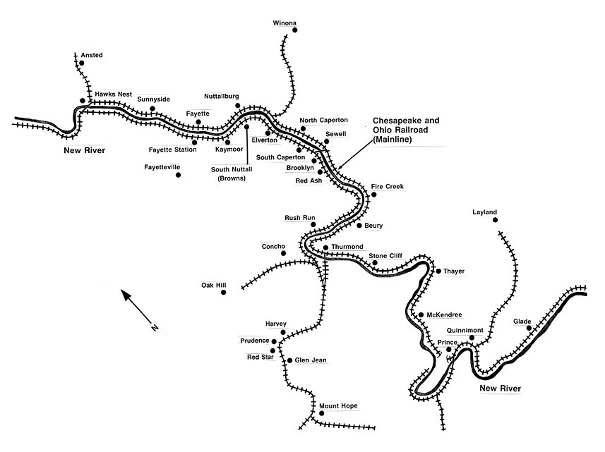 Map depicts the Mainline of the Chesapeake and Ohio Railroad as well as several railroad spurs, mines, and towns along the New River in West Virginia.