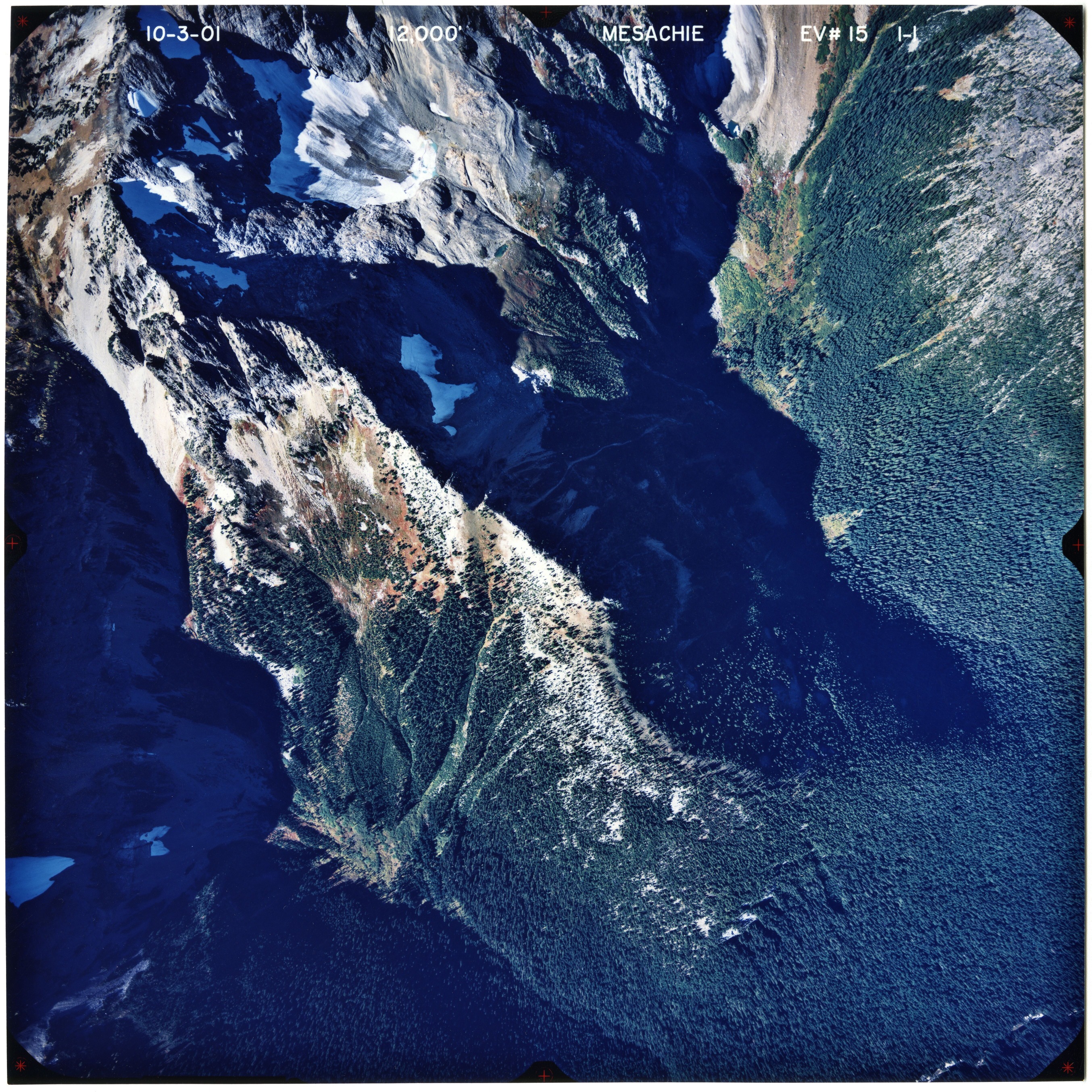 Color aerial photograph of glaciated mountain peak with forested valleys below.