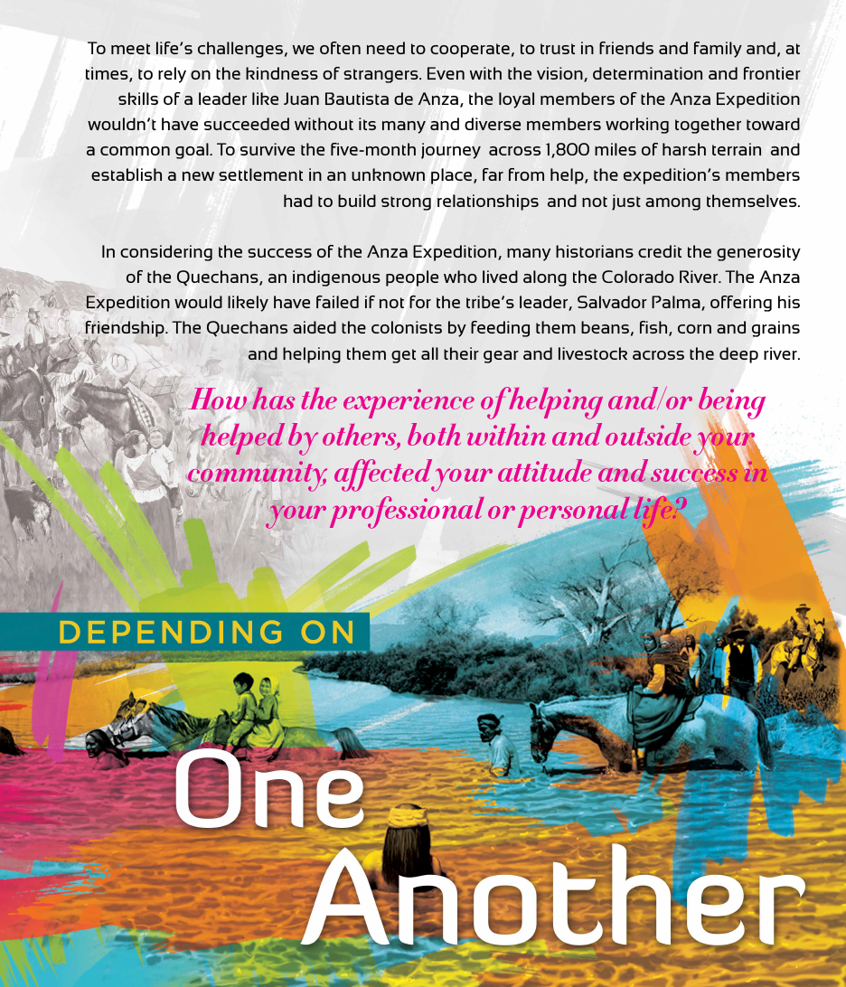 An interpretive panel in English titled Depending on One Another with narrative text and an illustration of the expedition crossing a deep river with horses and indigenous people