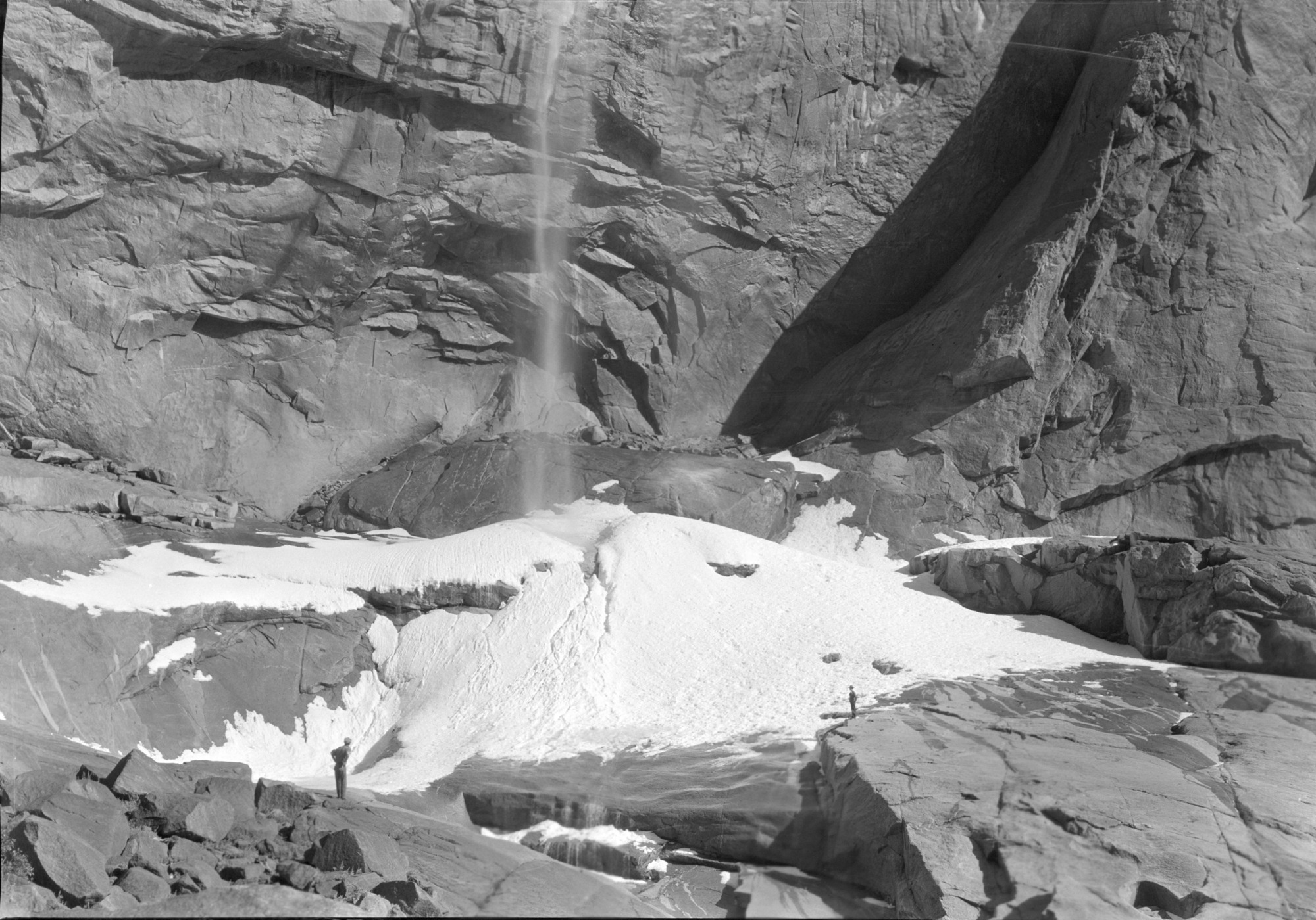 Engineers measuring points at foot of Yosemite Fall.