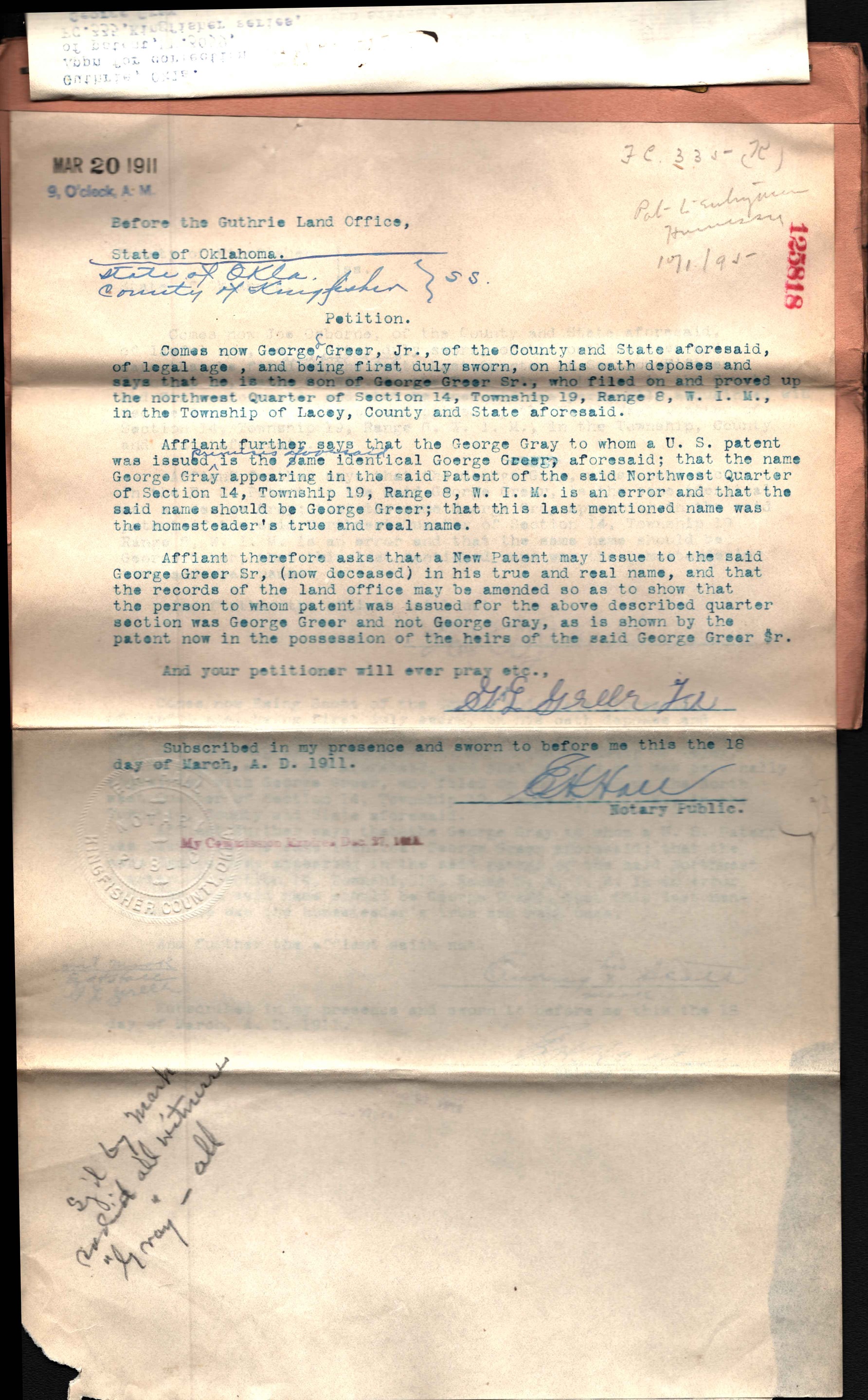 Yellowing scanned handwritten Homesteading case file. Transcribed text from the scan is found in the image description. Shadowing shows where the document was folded in four parts. A notary's stamp is visible.