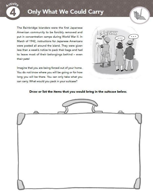 Text on a piece of paper with the title "Only What We Could Carry," an illustration of two people watch a person in uniform nail something to a wall, and an illustration of a suitcase.