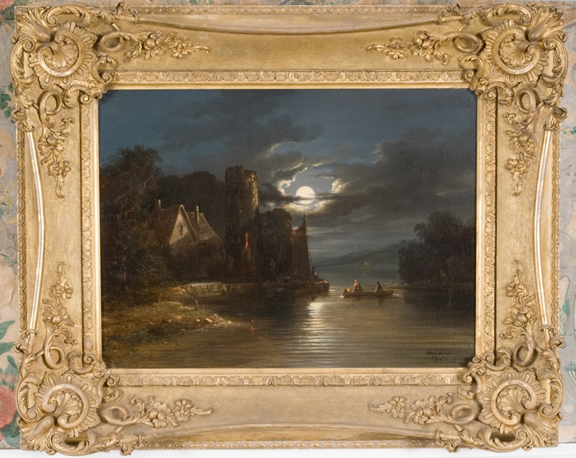 View of a moonlit river with two men in a rowboat, cottage and ruins of castle on left bank