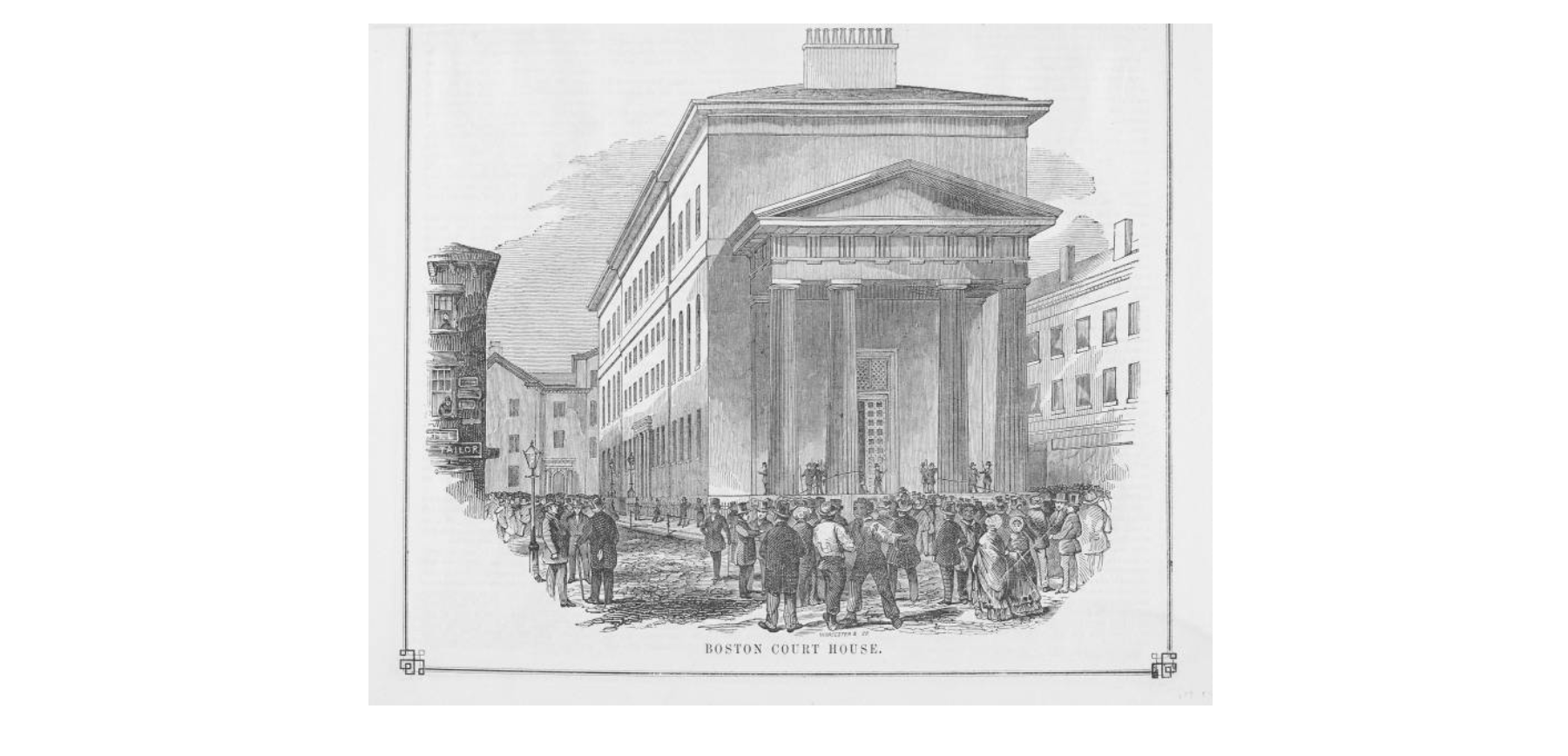 Sketch of the Boston Court House, with crowds of people outside.