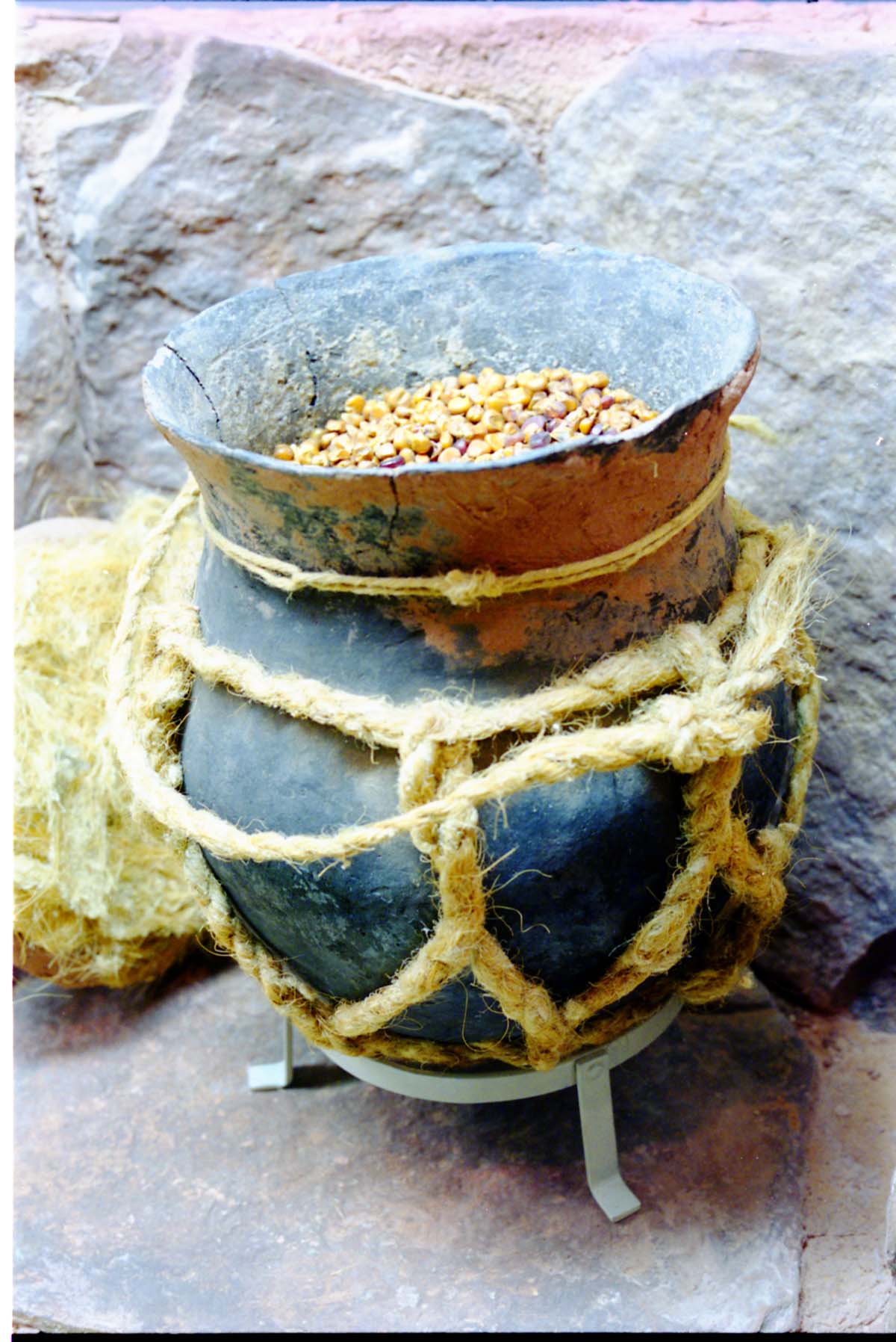 Color photos of prehistoric jar (North Creek Gray) display.