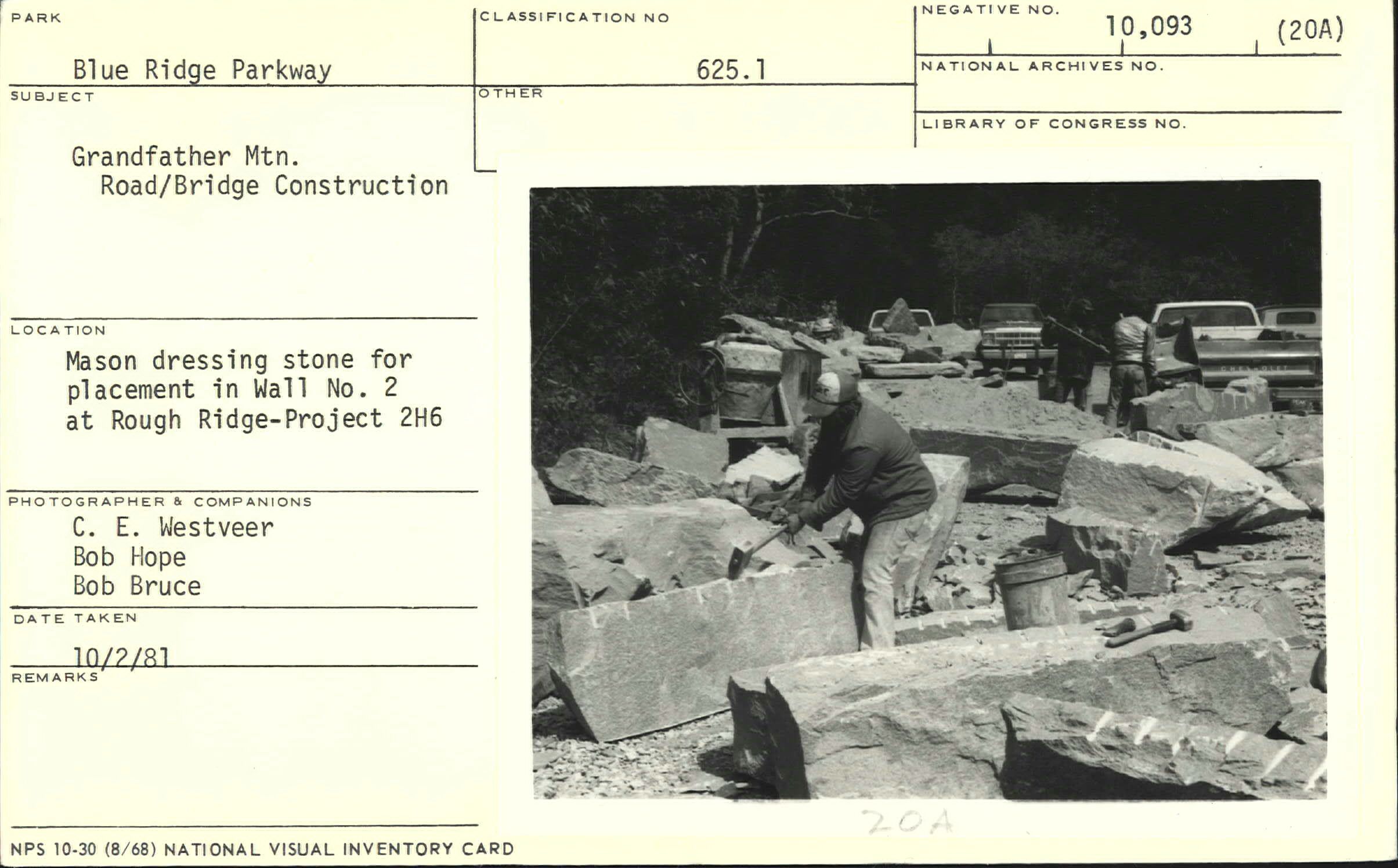 Mason dressing stone for placement in Wall #2 at Rough Ridge