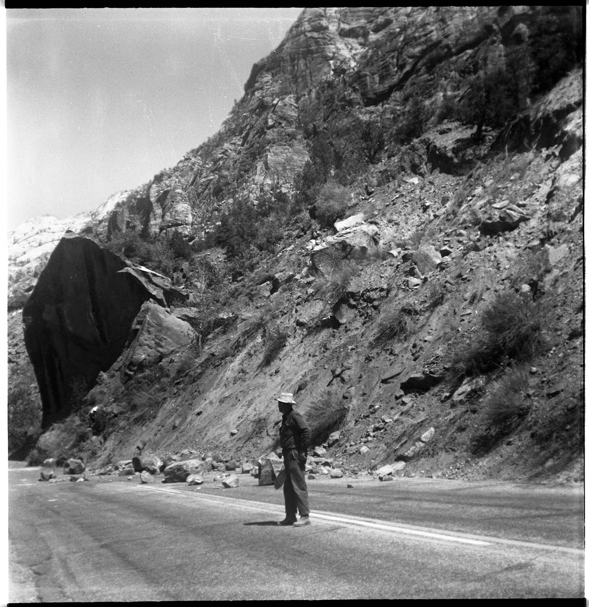 BW photo of rock slide near Echo Rock - 2.5" x 2.5".