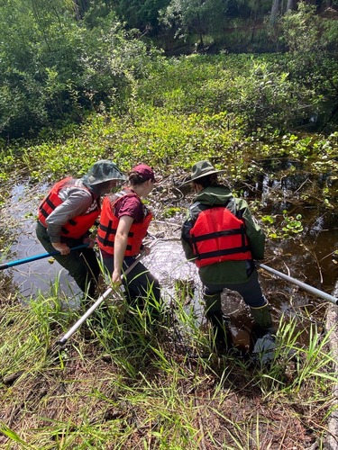 three people in red life jackets with long poles in the water
