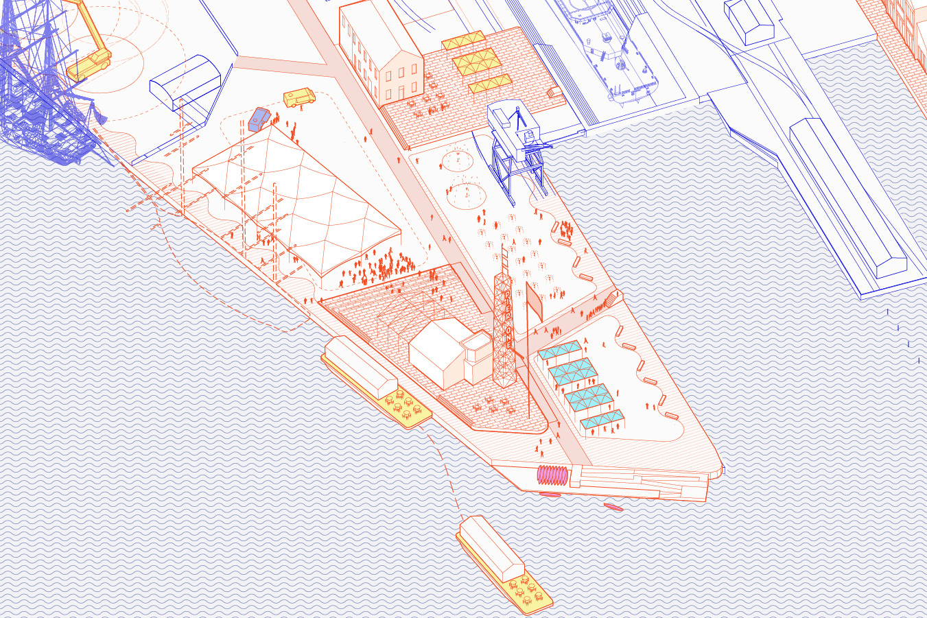 Sketch showing a pier on Boston, Massachusetts. the Sketch shows a ghost-structure that provides shade to visitors, a flag pole, and large, light-house like structure with the label "Pier One."