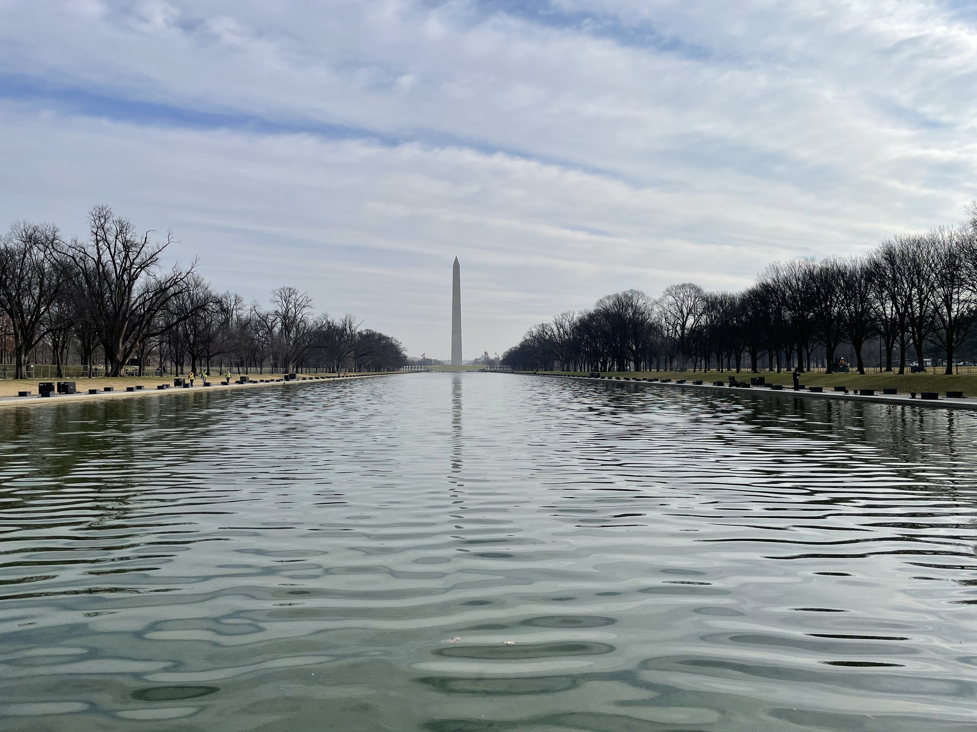 Lines of large black containers on wheels next to a very long reflecting pool with the Washington Monument and U.S. Capitol building in the distance