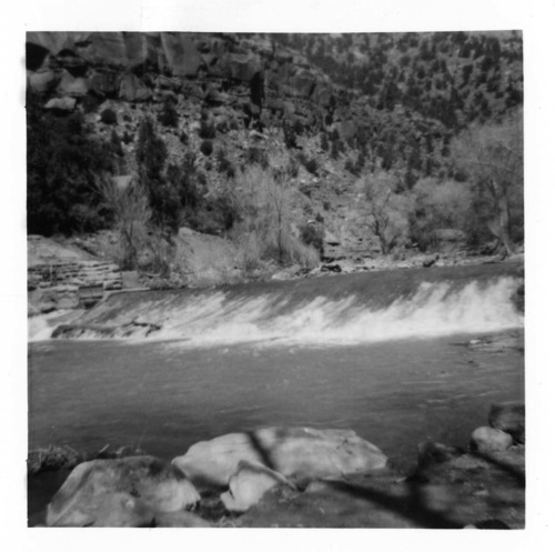 BW photo of the construction/modification of the Canyon Junction Spillway on the Virgin River.