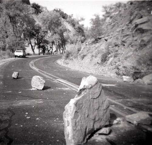 BW photo of rock slide near Echo Rock - 2.5" x 2.5".