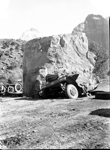 60-ton boulder that rolled through Building 83 and smashed a new pickup and other equipment.