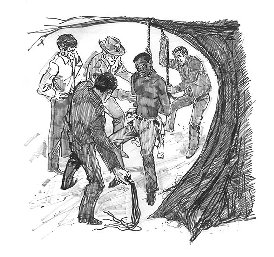 Protection Against Self Incrimination (due process) - Fifth Amendment. Scene of a lynching: an African American is shown being whipped and hanged by four men.