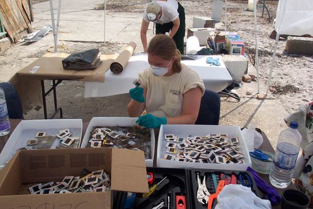 Sorting water damaged slides.
