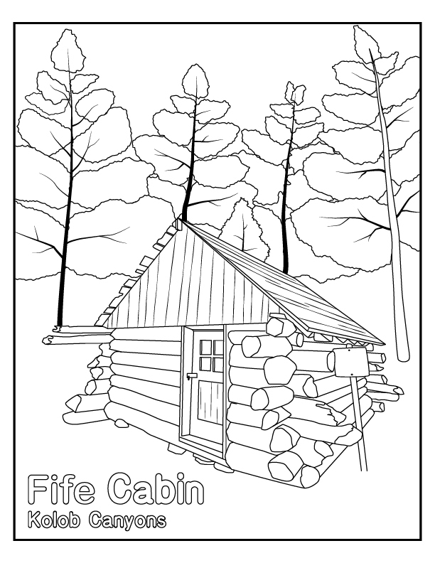 A black outline of a wooden cabin standing in front of large trees. A caption in the corner reads, "Fife Cabin Kolob Canyons"