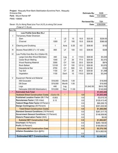 Cost estimate for construction of ELJ's Nisqually Road near Longmire and Nisqually Entrance Mount Rainier National Park February 2010.