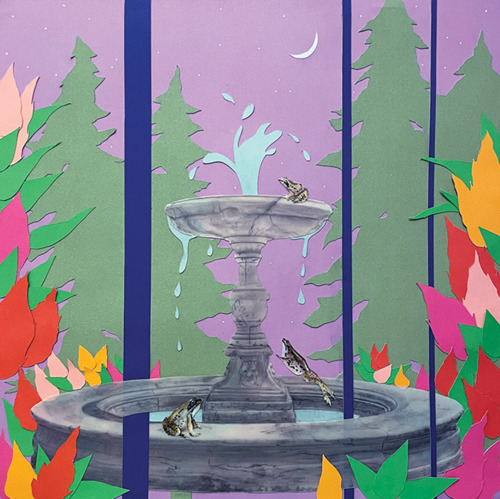 artwork of a fountain with spruce trees, frogs, and flowers
