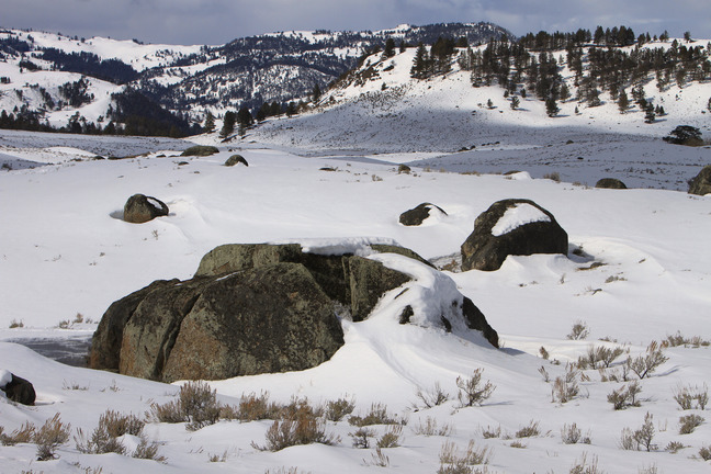 Large boulders seen in valley sticking out of snow.  
