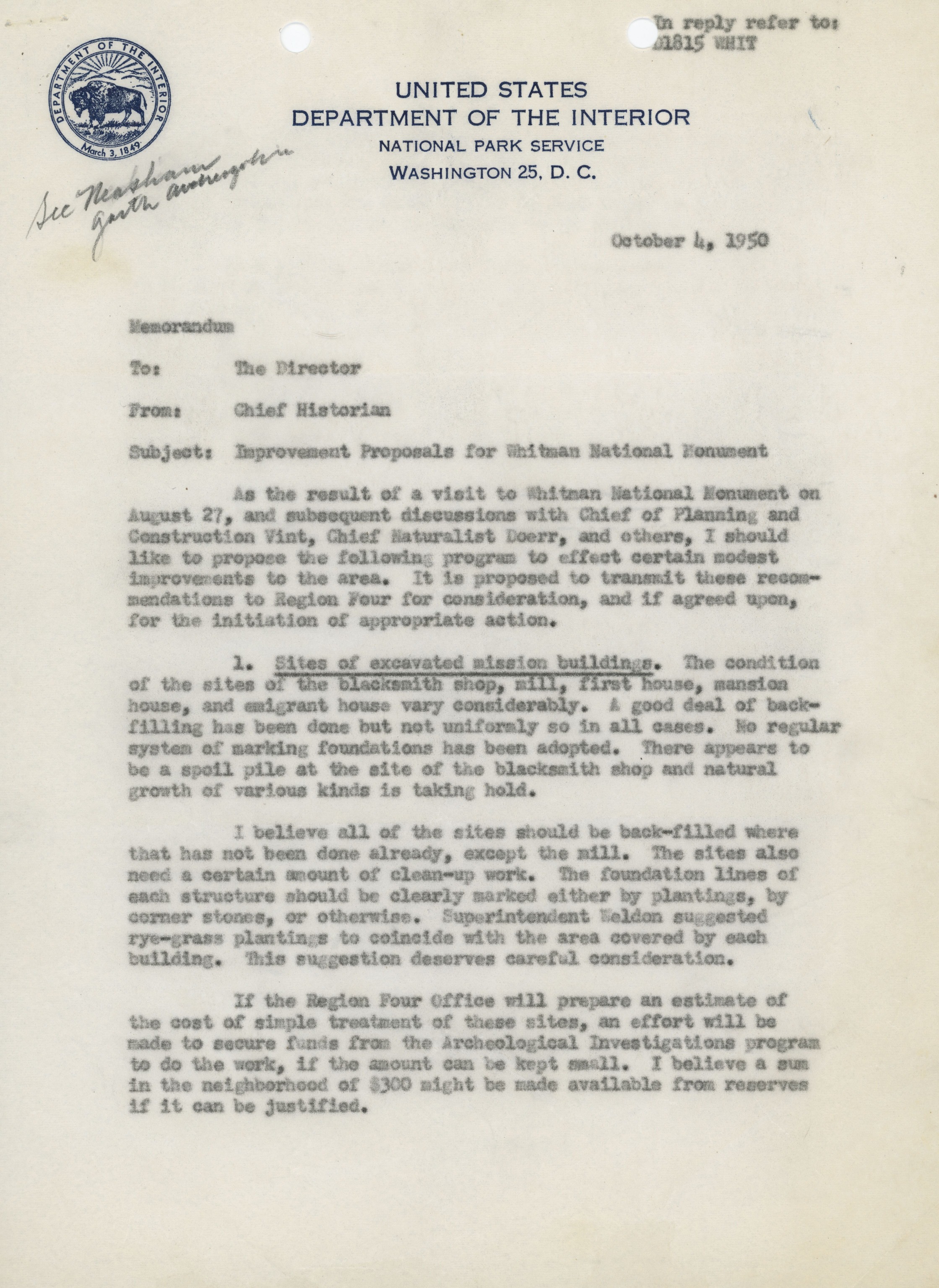 Whitman National Monument Improvements Memorandum