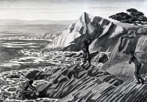 Native Americans gathering abolone shells on Monterey coast. Copy of 14x10 paiting by Chase Anderson.