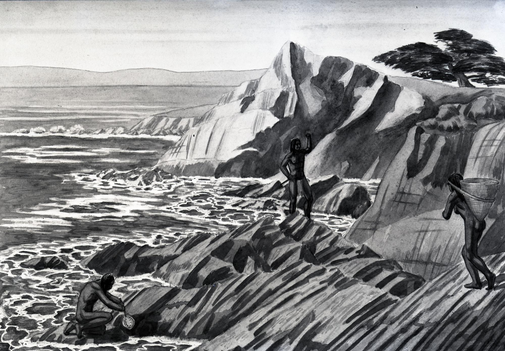 Native Americans gathering abolone shells on Monterey coast. Copy of 14x10 paiting by Chase Anderson.