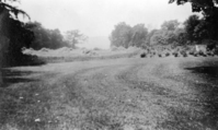 A cleared hayfield provides an open view, bordered by trees and with hay bales at the edge.