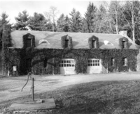 Ivy covers the side of the stone garage, only its roof and arched garage doors exposed.