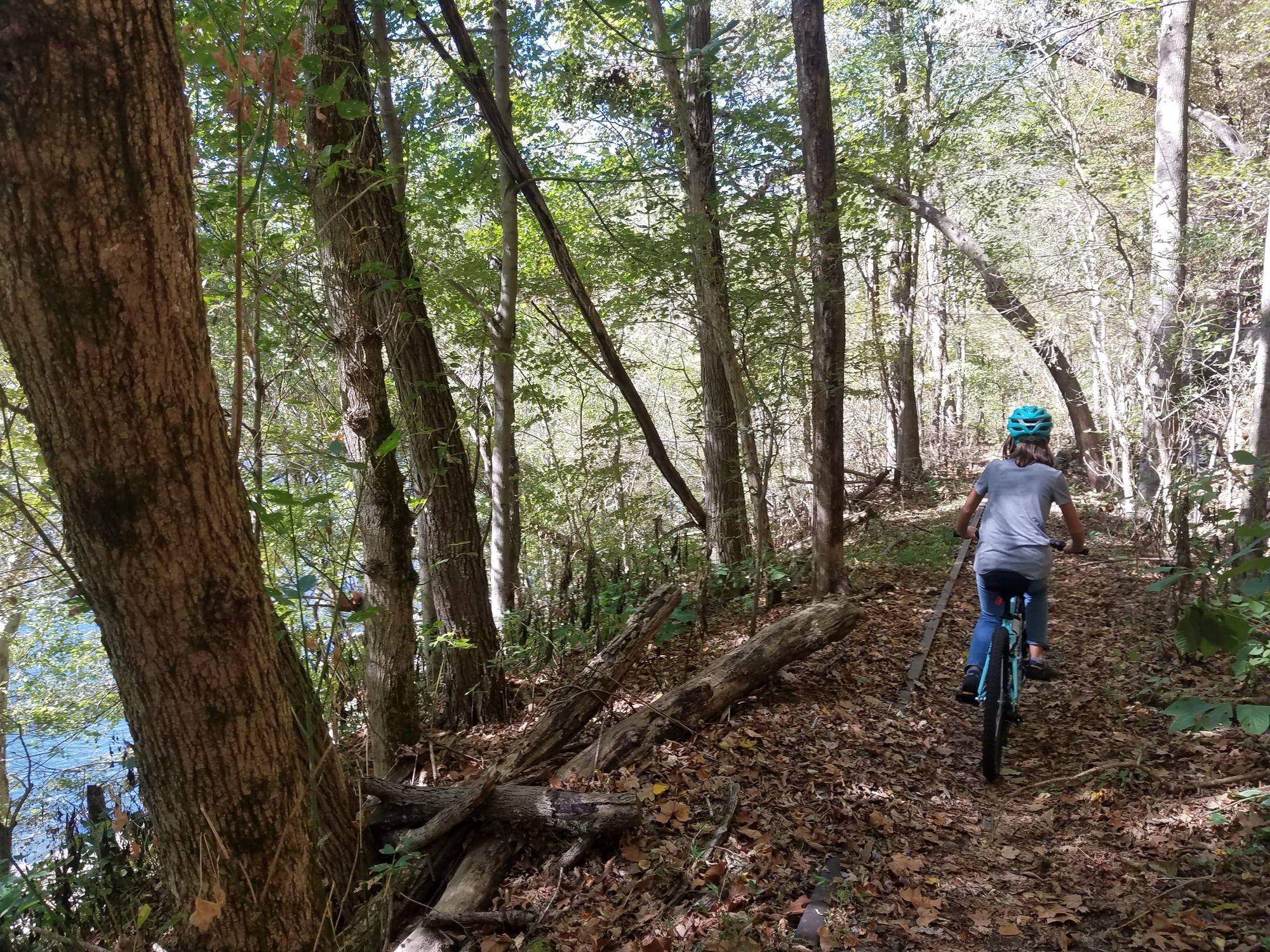 girl riding bike on a forest trail next to a river