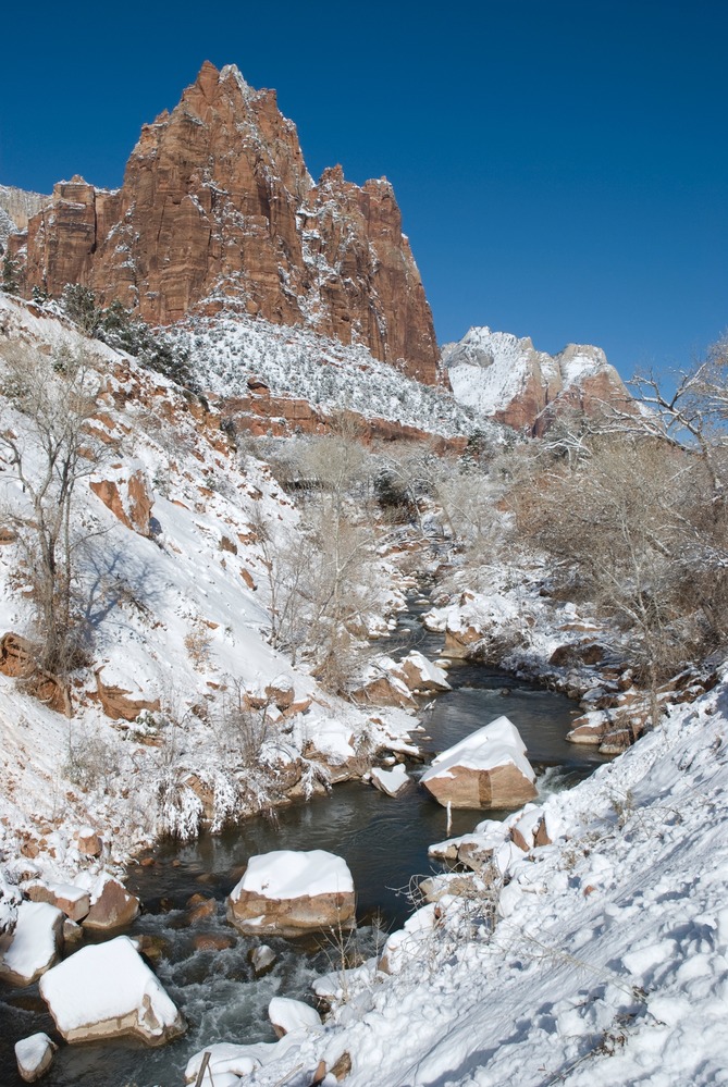 Snow covered banks along the Virgin River in Winter.