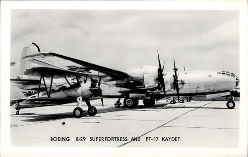 Black and white photograph of two planes, a small one with a single front propeller in the foreground and a larger rounder plane with multiple propellers on the wings. Text at the bottom reads "Boeing: B-29 SUPERFORTRESS AND PT-17 KAYDET." 