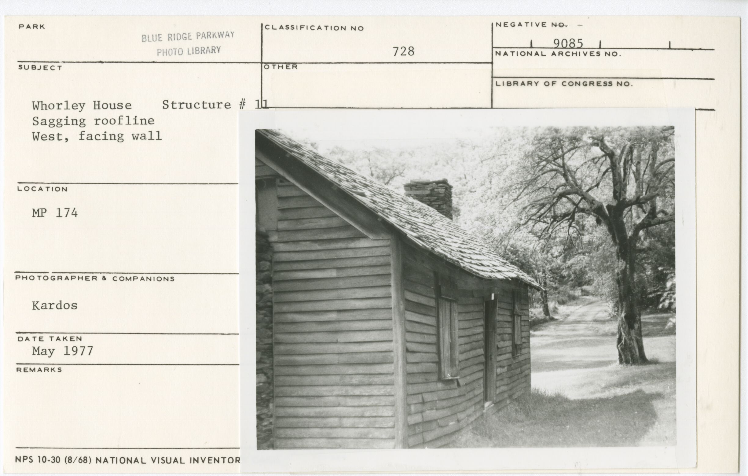 Whorley House, Bldg. #11 showing sagging roofline and west facing wall