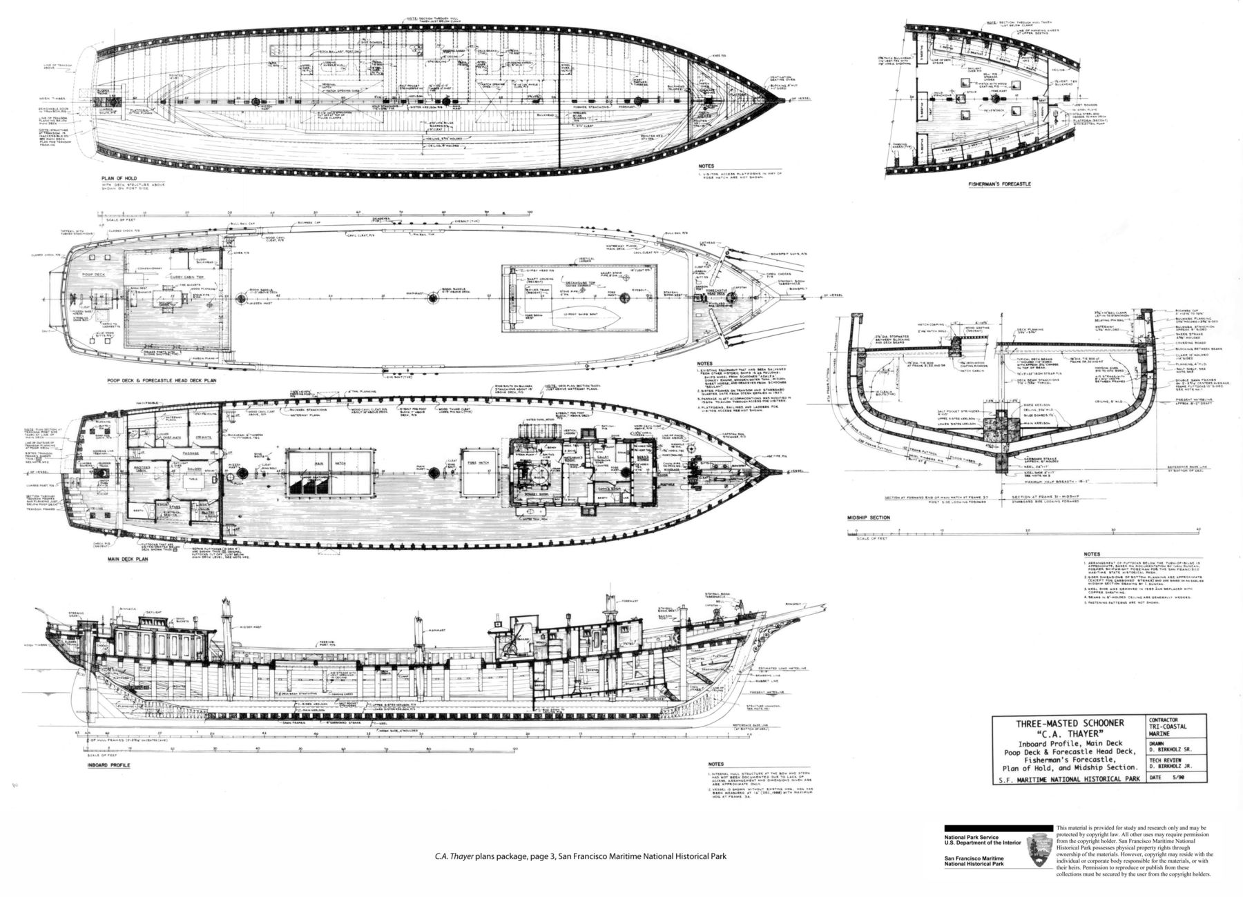 Lumber schooner C.A. Thayer : plans package includes 1 outboard profile and 6 construction detail drawings by Tri-Coastal Marine, Inc. ; the three lines drawings were produced by Bill Doll