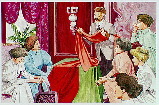 Women gathering to choose fabric from a salesman.