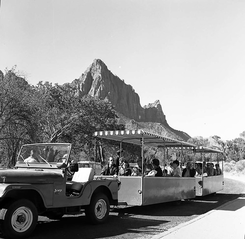 The tram ride from Zion Lodge concessions, summer 1977. Watchman Peak in background.