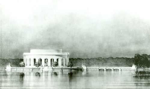 Sketch of a circular white building on the water and a low bridge, both with classical architecture