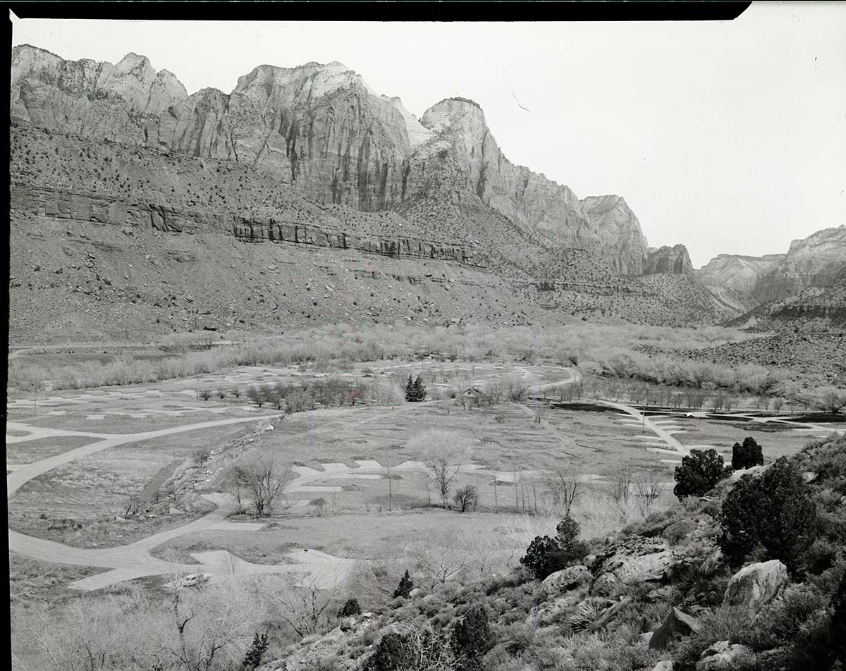 Watchman Campground completed from across Virgin River, below South Campground.