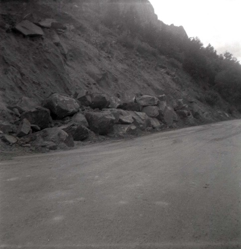 BW photo of rock slide near Echo Rock - 2.5" x 2.5".