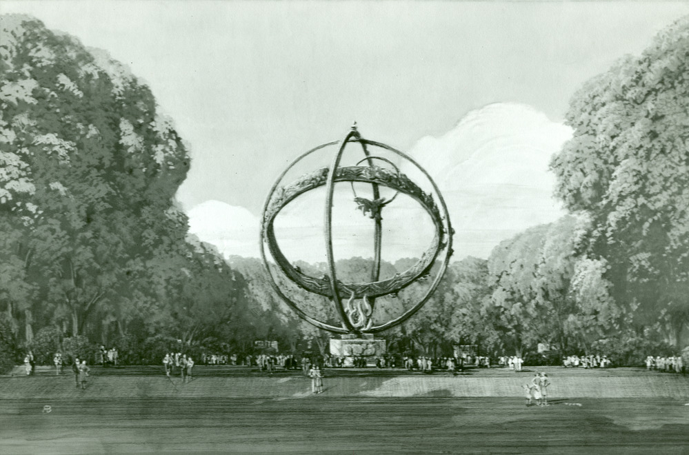 Sketch of a very large armillary sphere in a plaza, surrounded by monoliths