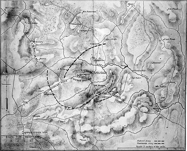 A drawn map shows the roads, topography, and troop positions around the Appomattox Court House Village.