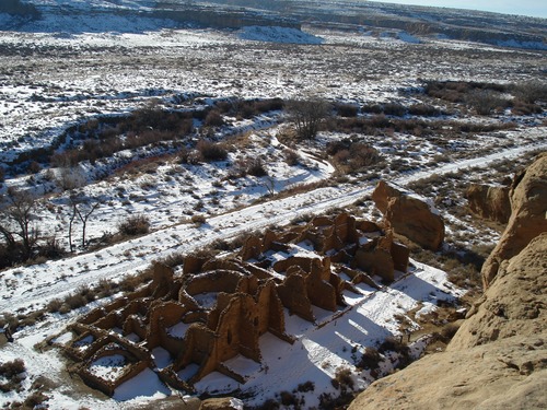 Kin Kletso in snow taken from cliff top.