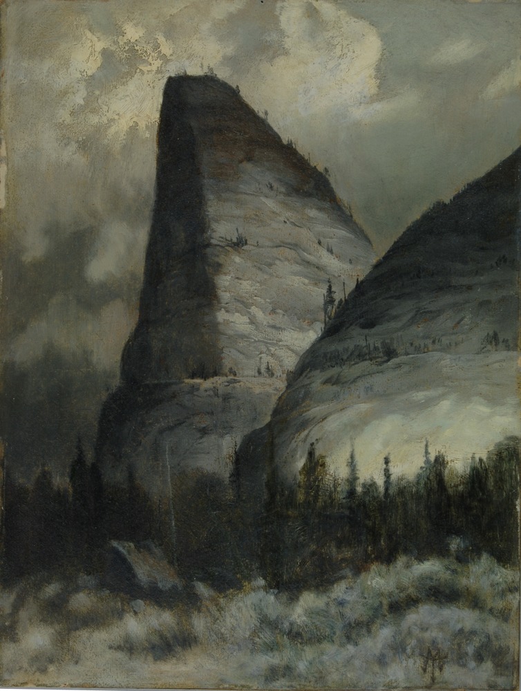 Oil painting of Kolana Rock in Hetch Hetchy, painted by Thomas Moran from a sketch by John Muir. 