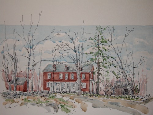 A painting of a red house with a white porch surrounded by trees.