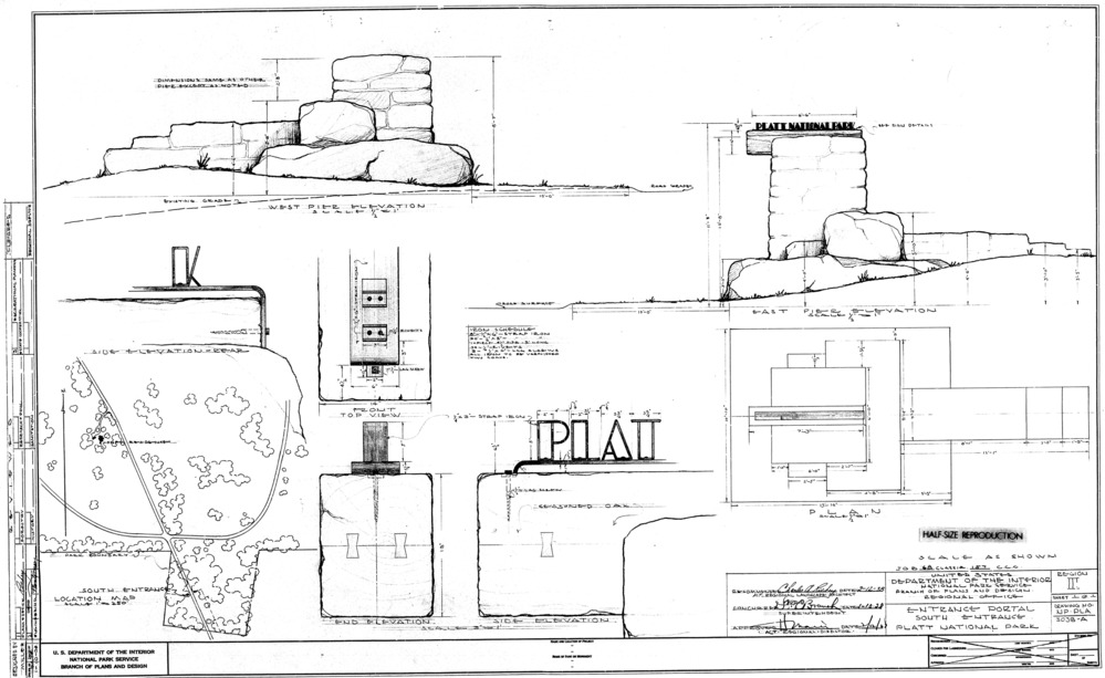 Plan for south entrance pillars [located along present-day Highway 177]. Notice especially the art deco lettering.