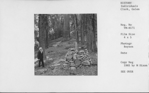 Copy Neg: 1985 by Michael Dixon. Stereograph of Galen Clark surveying monument among big trees. Detail of stereograph.