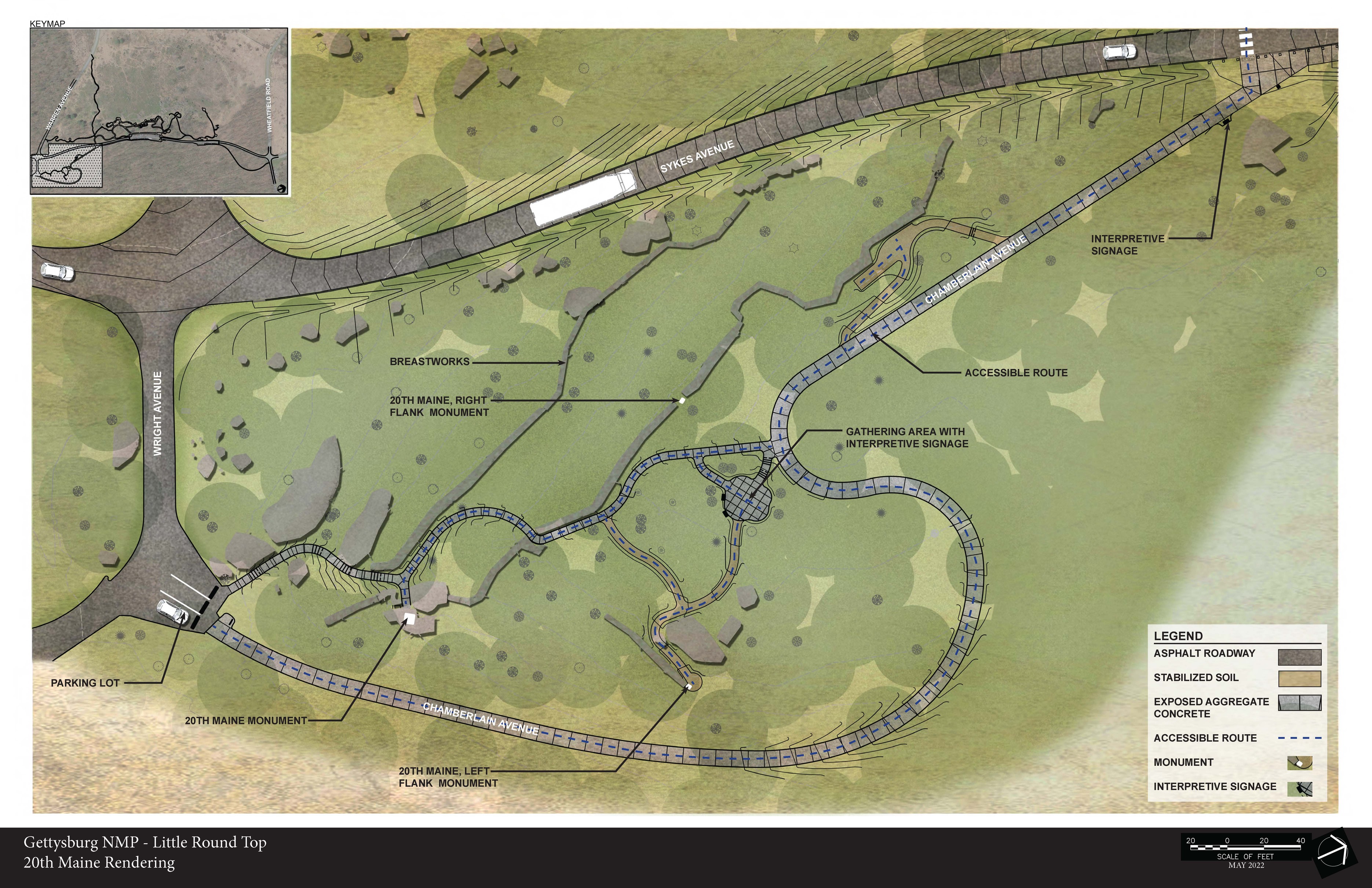 An artistic rendering of the Little Round Top rehabilitation project. Roads and trails are in grey, vehicles and monuments are in white, and tree cover is in green.