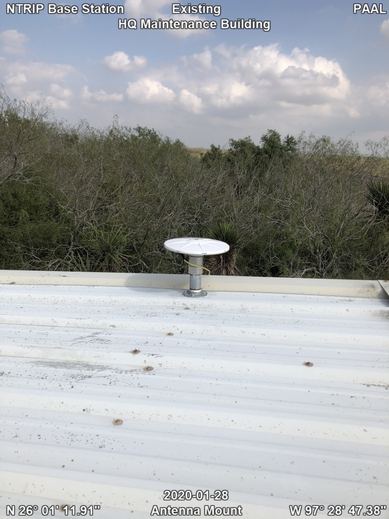 Existing NTRIP base station antenna mount at PAAL HQ maintenance building. 