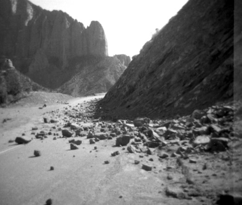 BW photos of rock slides in Kolob Canyons - 110mm. Rock slide over roadway.